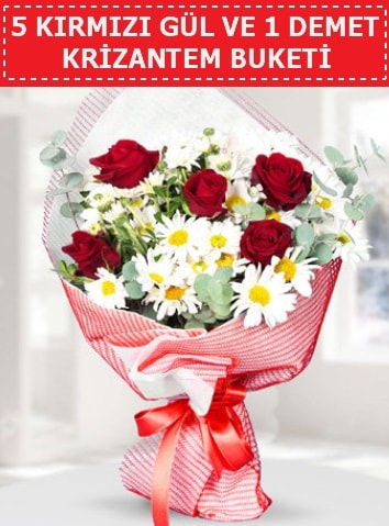 5 adet kırmızı gül ve krizantem buketi  Nevşehir güvenli kaliteli hızlı çiçek 